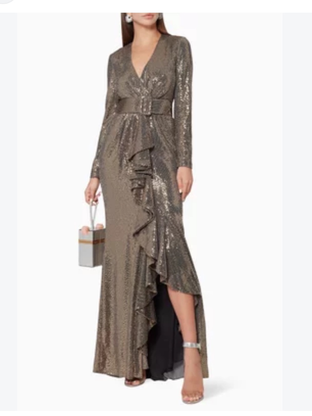 Badgley Mischka Runway Metallic Gold Sequin High-Low Ruffle Skirt Gown